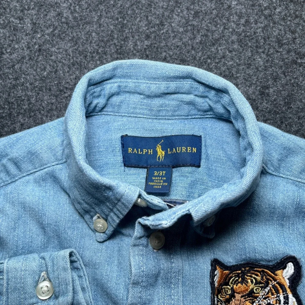 Ralph Lauren Button Down Shirt Kids 3T Blue Excellent Tiger Plaid Denim Flannel